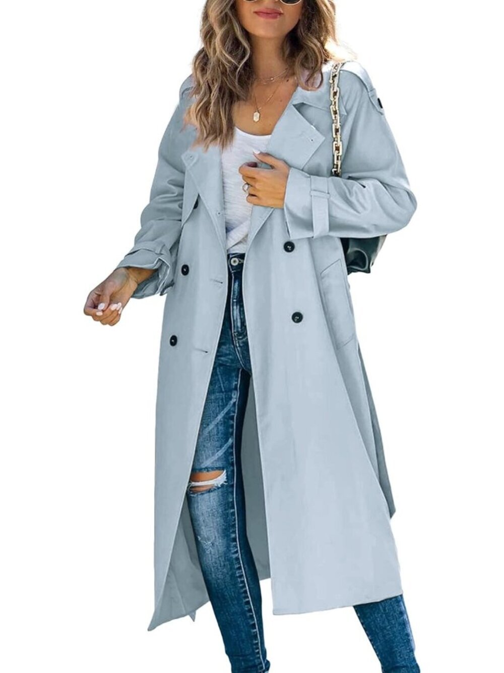 Women's Blue Double Breasted Windproof Classic Lapel Slim Long Trench Coat